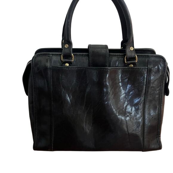 Vintage Brahmin Black Leather Double Handle Brass Hardware Satchel Handbag - Picture 3 of 11